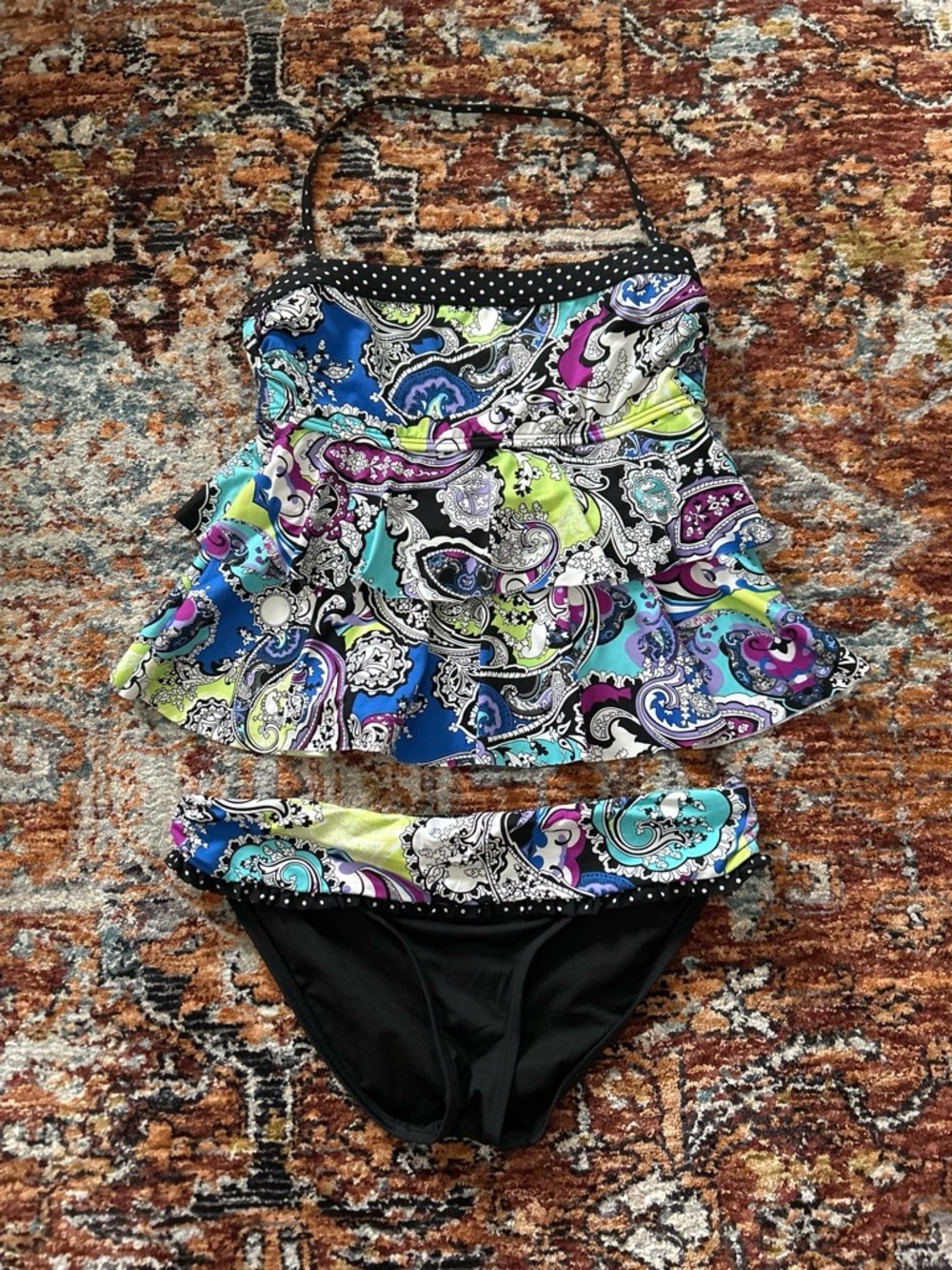 Kenneth Cole Paisley & Polka Dot Tankini in Black, Purple, Teal & White